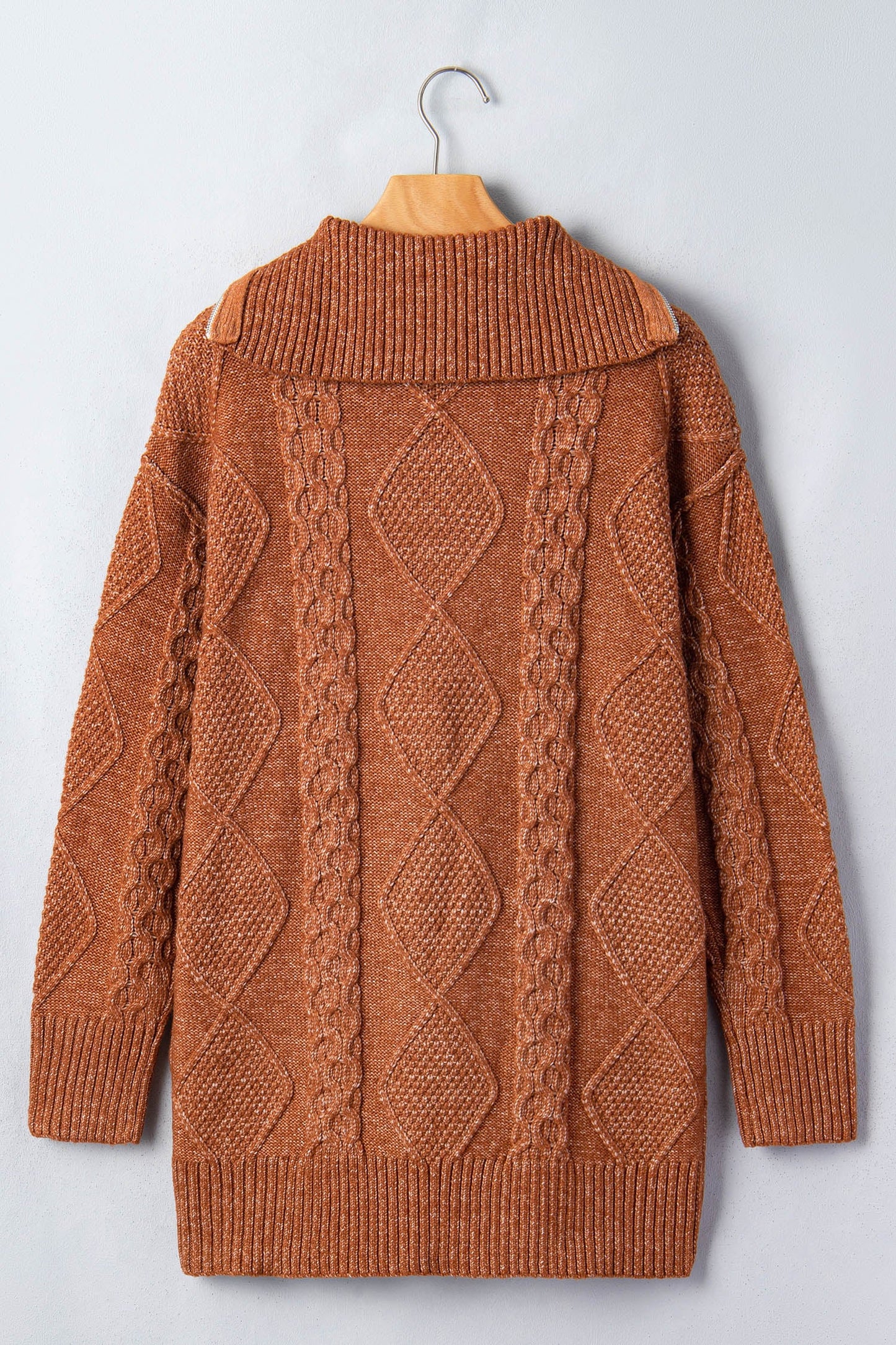 Solid Cable Knit Zip-Up Collar Long Sleeve Sweater Dress