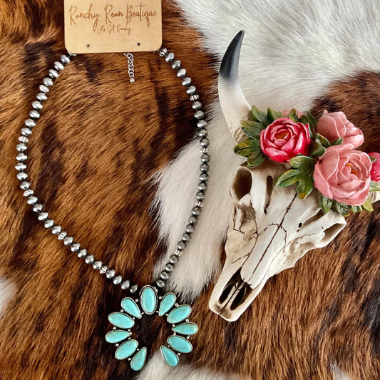 Turquoise Squash Blossom with Navajo Style Beads Necklace
