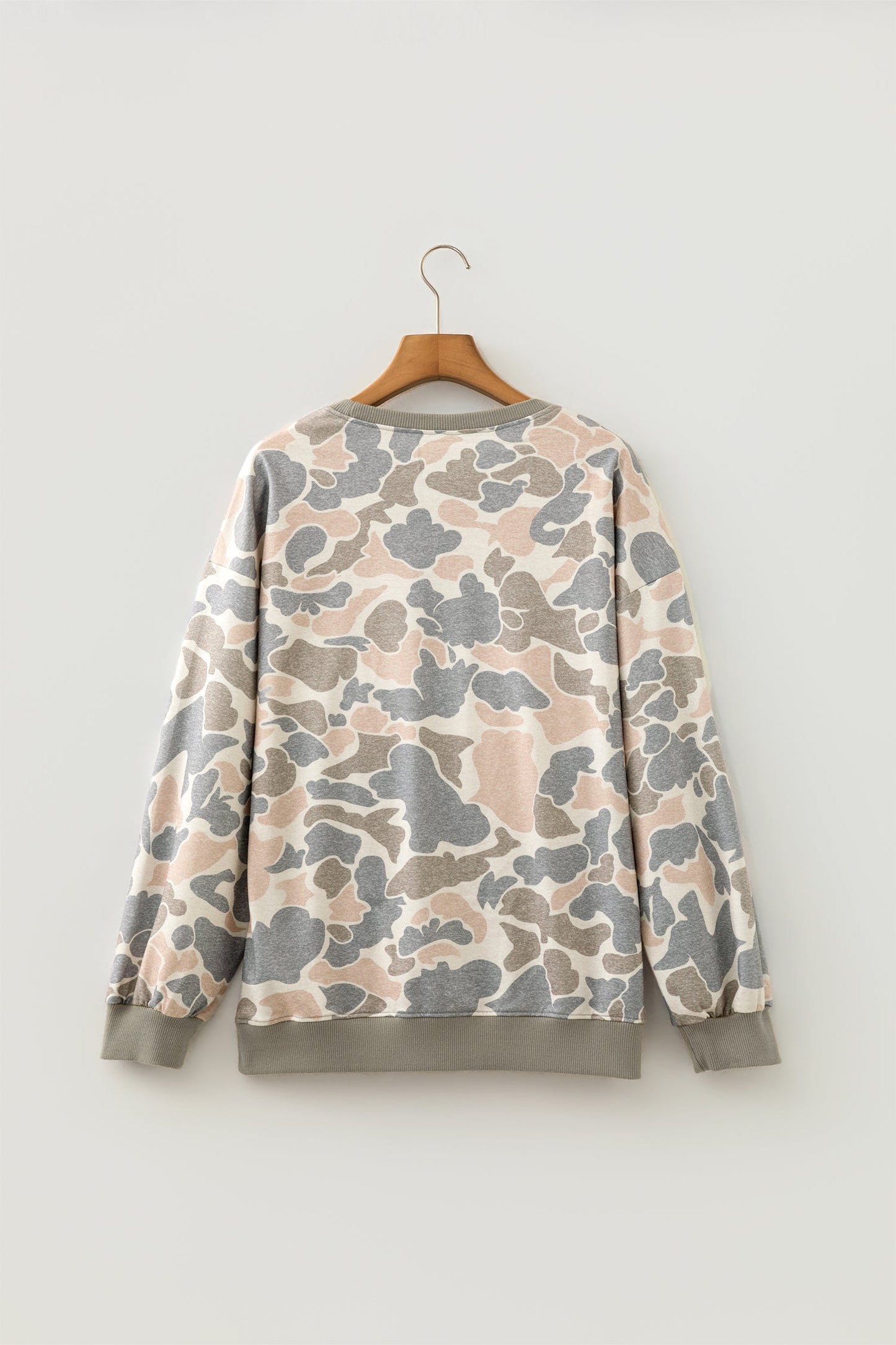 Camo Ribbed Trim Crew Neck Pullover Sweatshirt