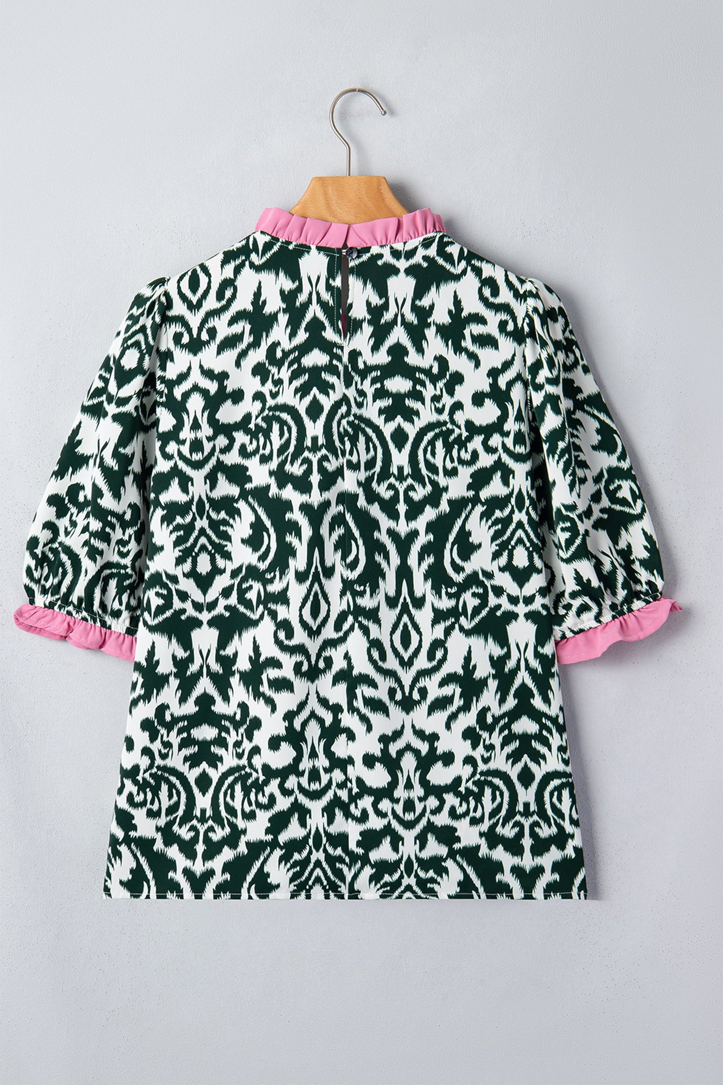 Damask Colorblock Ruffle Trim Short Sleeve Blouse