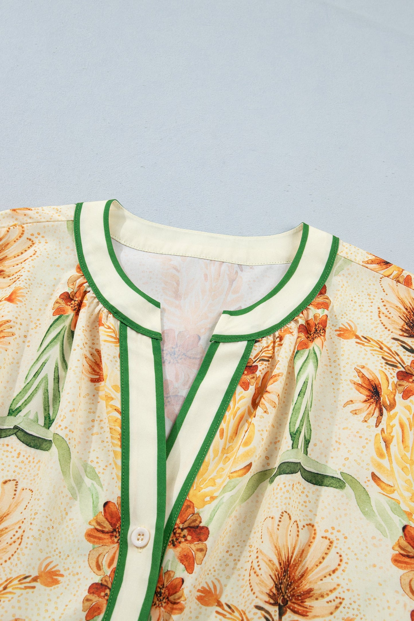 Floral Stripe Contrast V-Neck Puff Long Sleeve Blouse