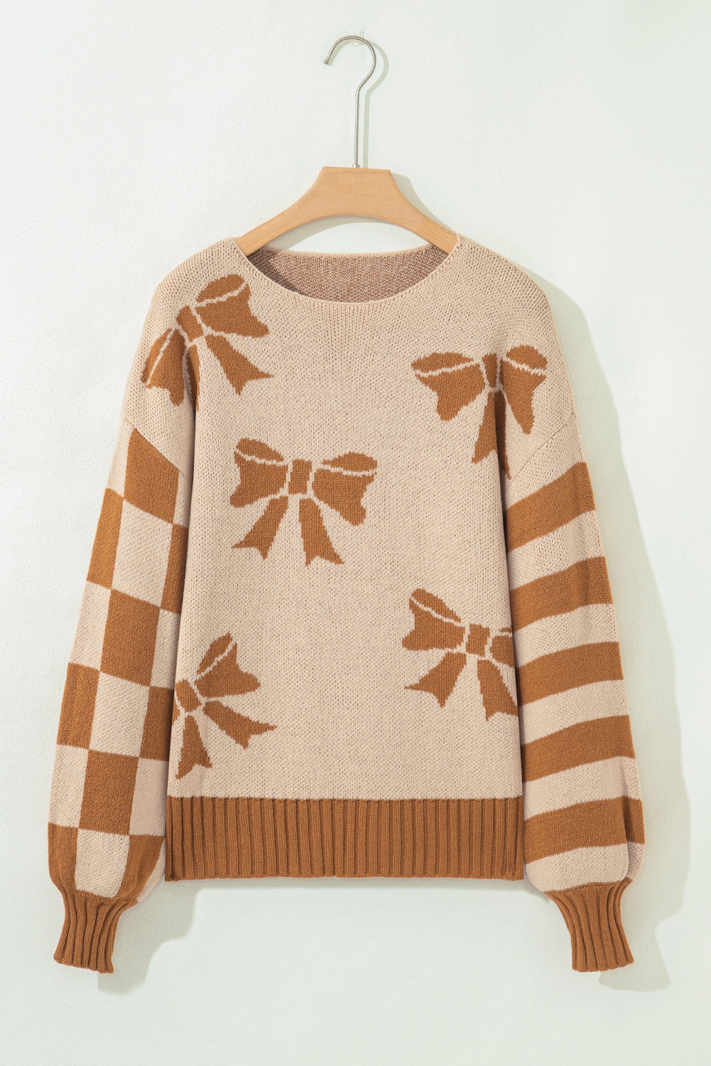 Bow Checker Stripe Patchwork Sleeve Drop Shoulder Sweater