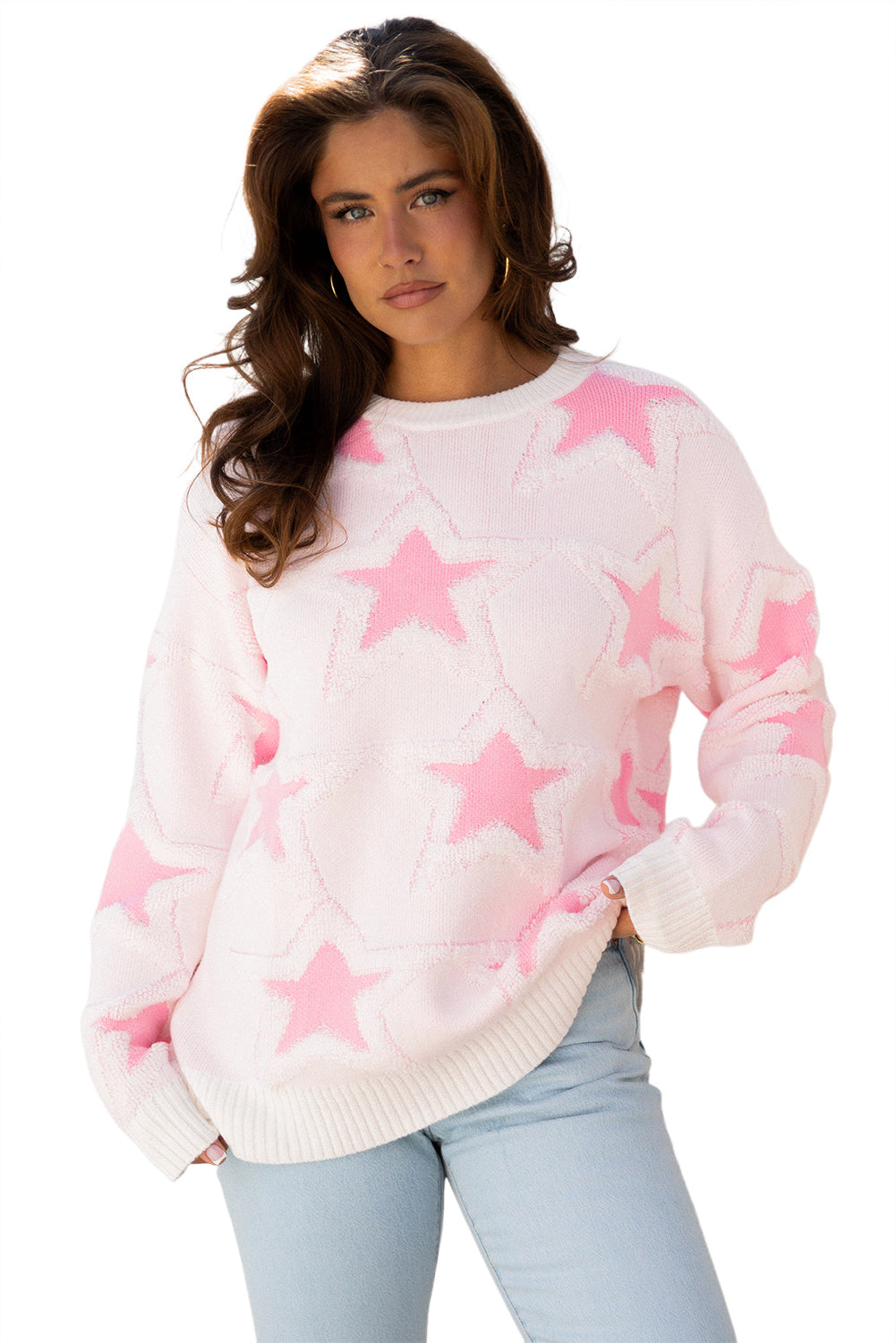 Star Ribbed Trim Drop Shoulder Oversized Sweater