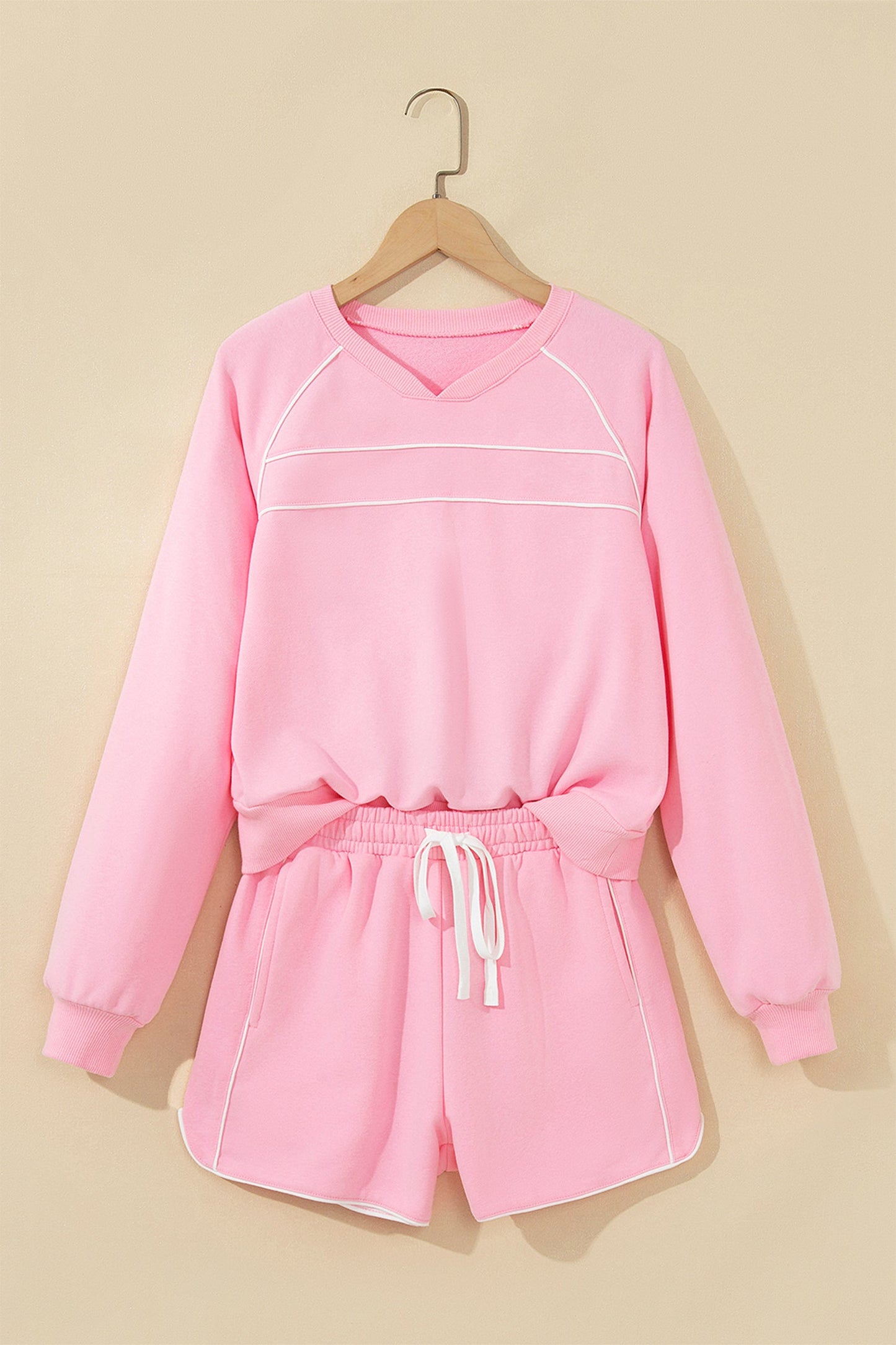 Contrast Trim Long Sleeve Pullover & Shorts Set