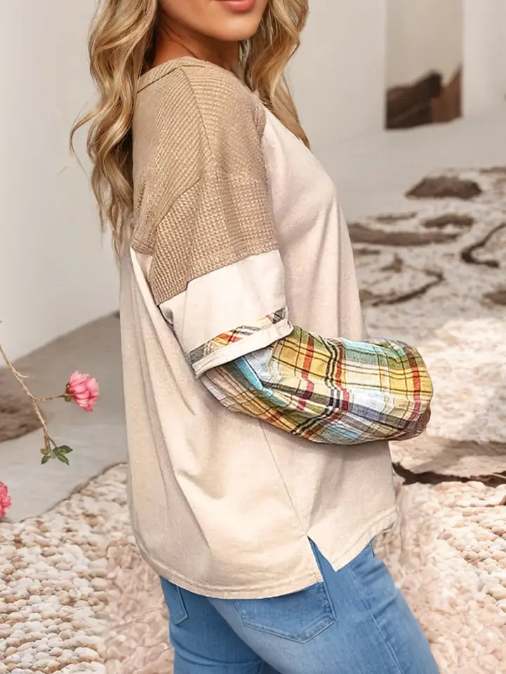 FINAL SALE-Plus Size Plaid Patchwork Layered Henley
