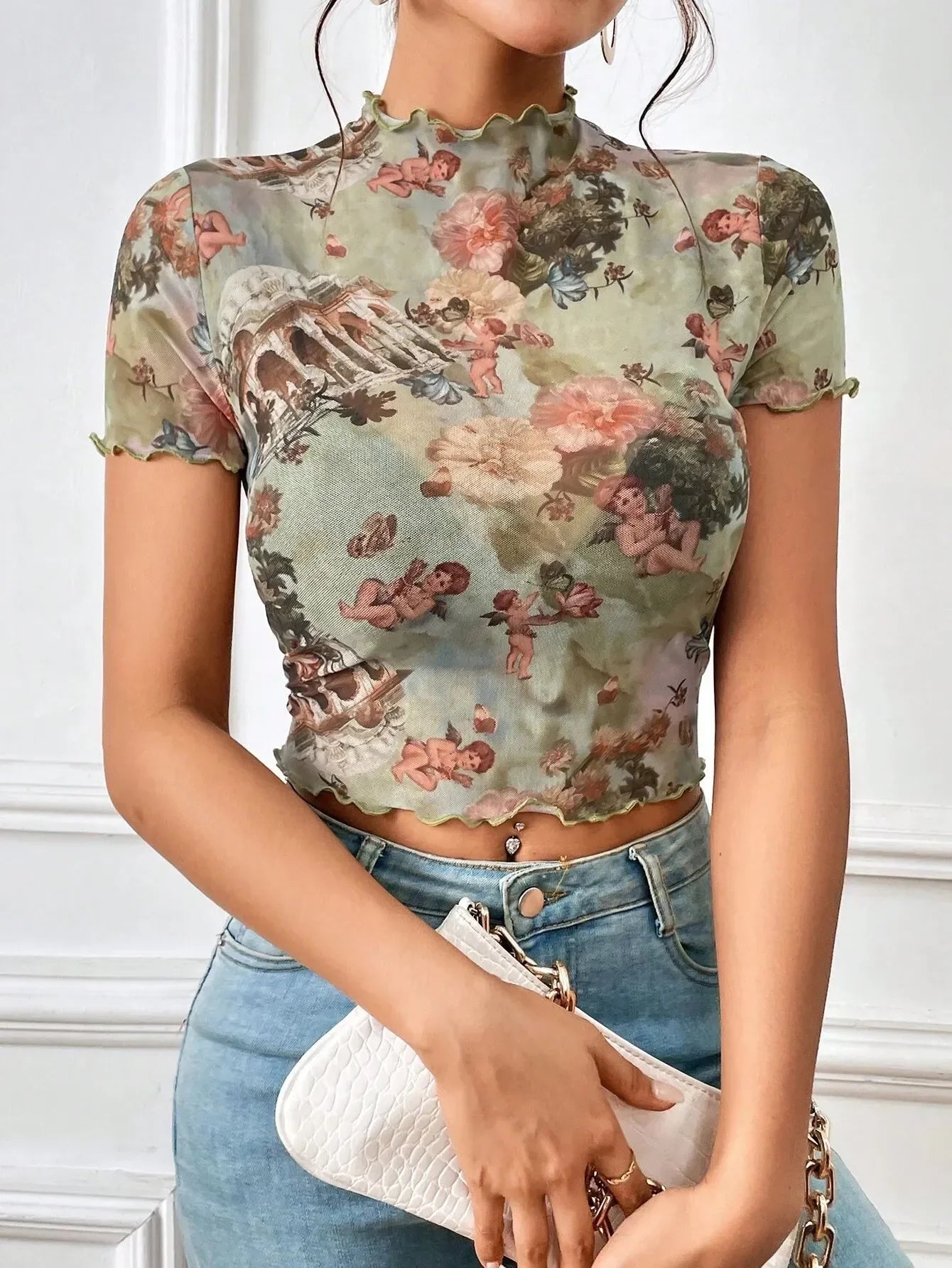 Abstract Print Ruffled Mock Neck Crop T-Shirt | Trendy Streetwear – Bona Fide Fashion
