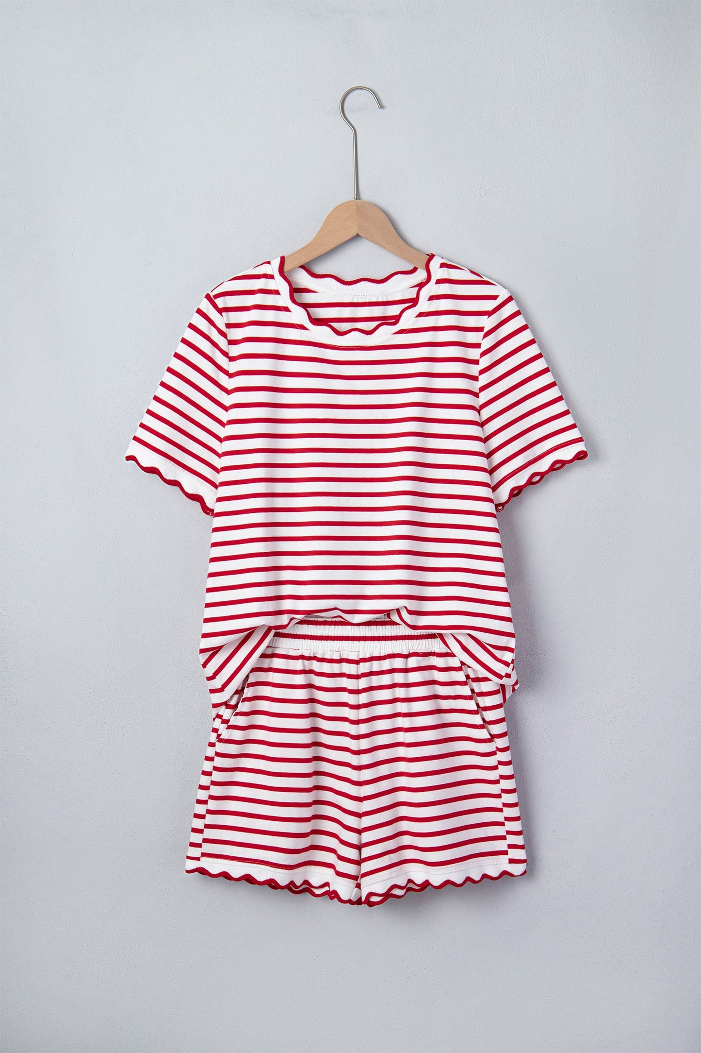 Stripe Scallop Trim Top & Elastic Waist Shorts Set