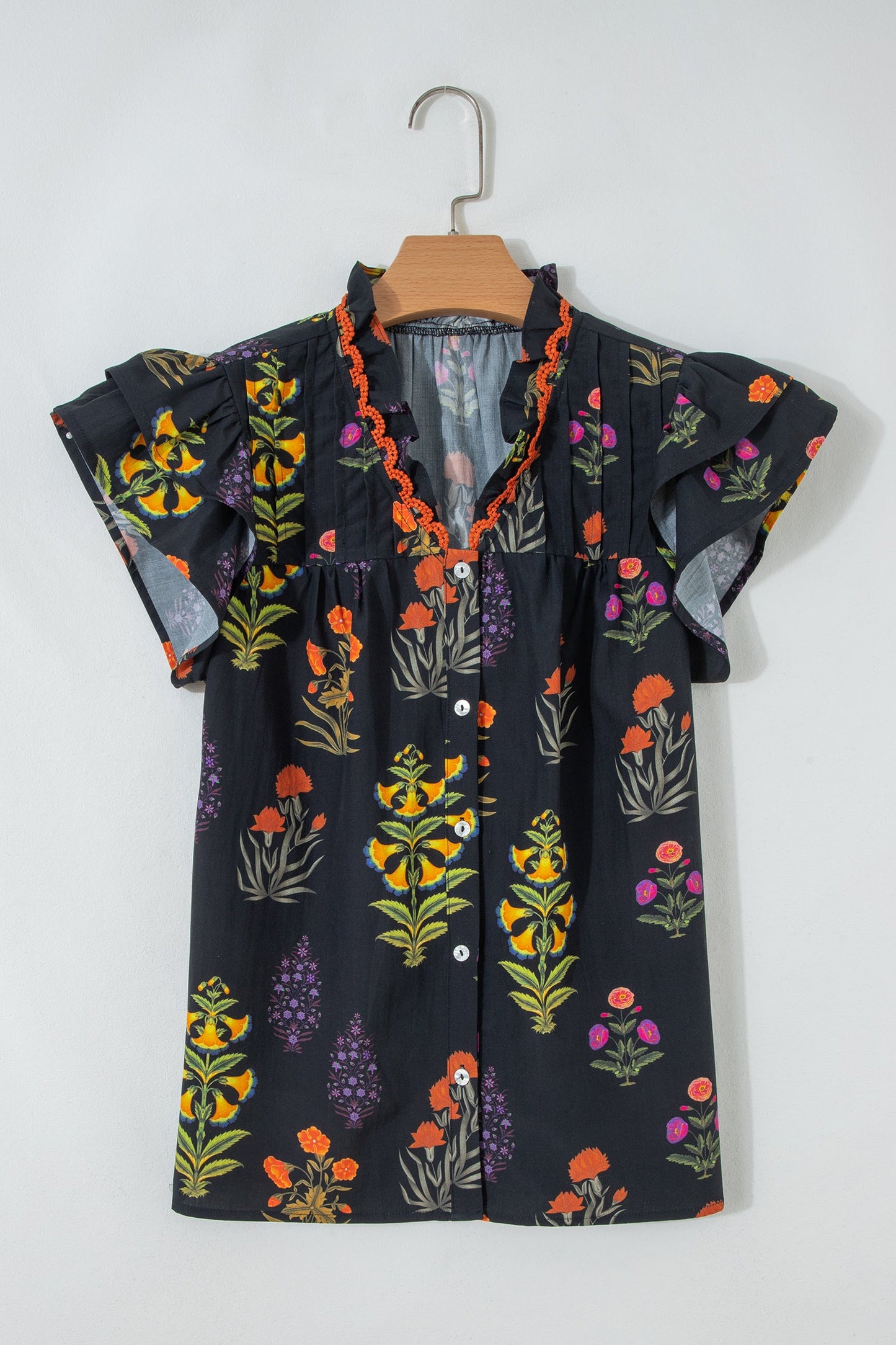 Floral Lace Trim V-Neck Frilled Short Sleeve Shirt