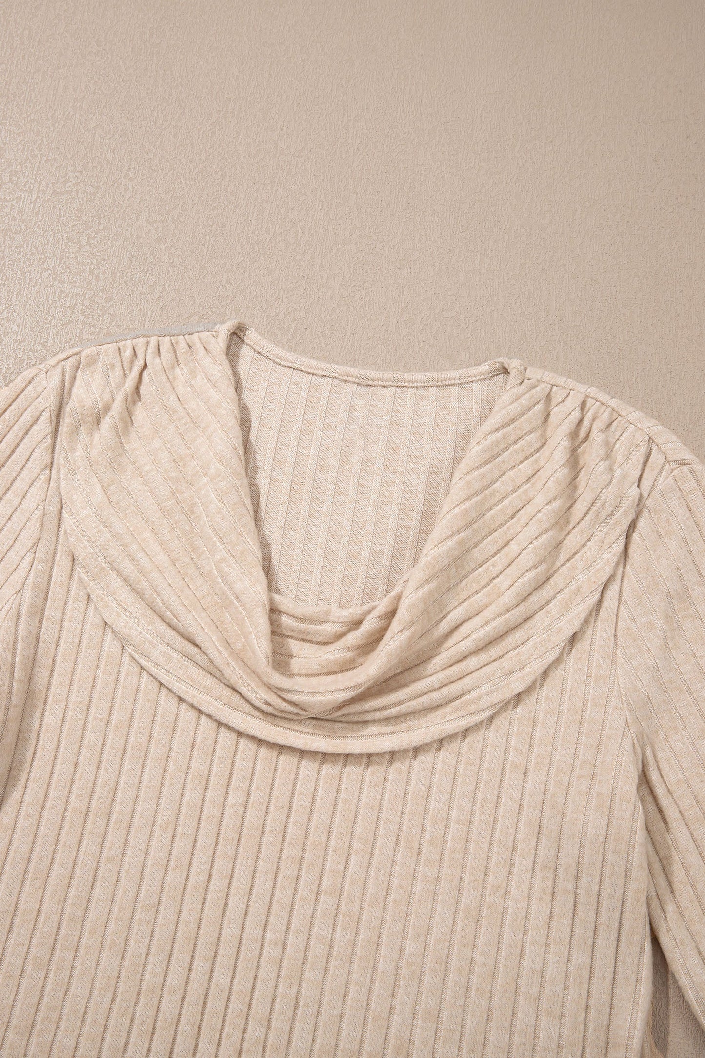Solid Ribbed Knit Cowl Neck Long Sleeve Top