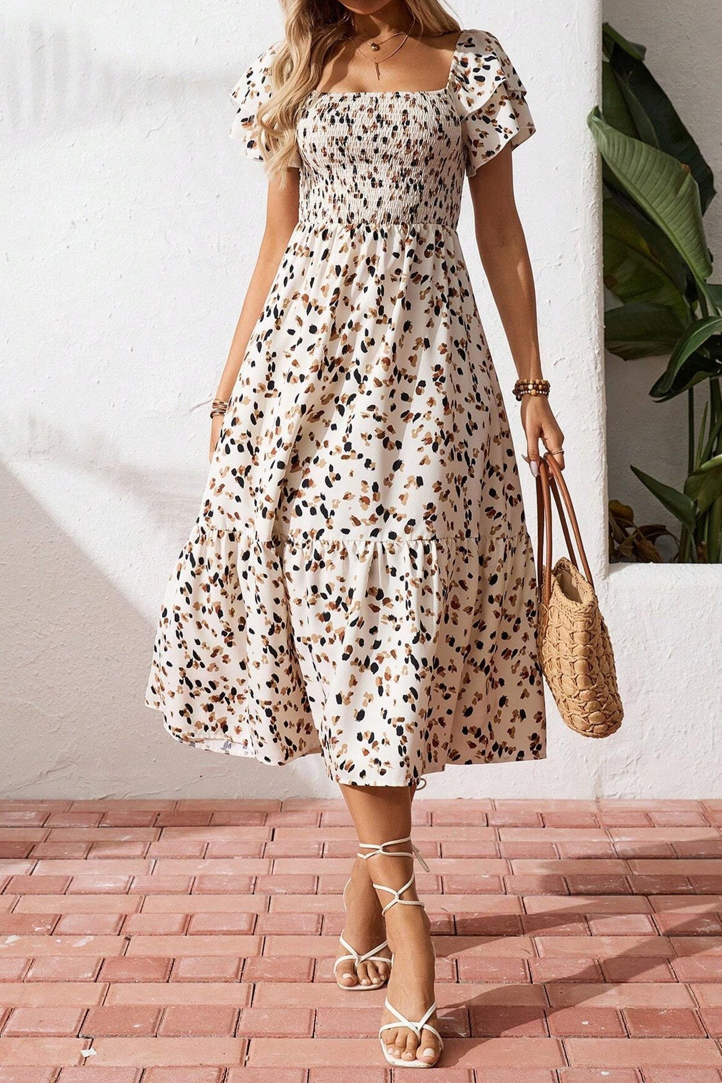 Leopard Smocked Square Neck Ruffle Sleeve Dress