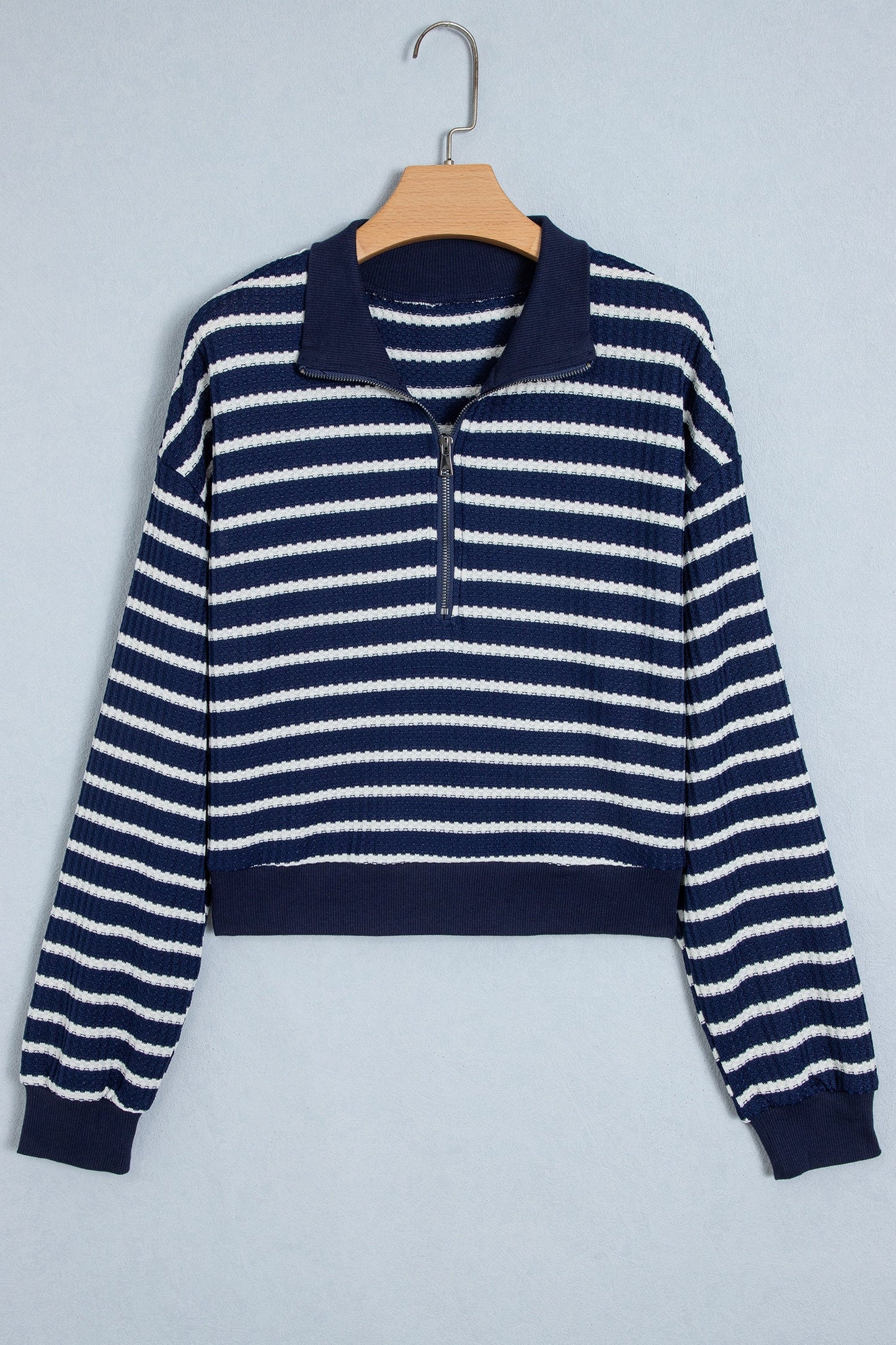 Stripe Half Zip Collared Long Sleeve Textured Knit Top