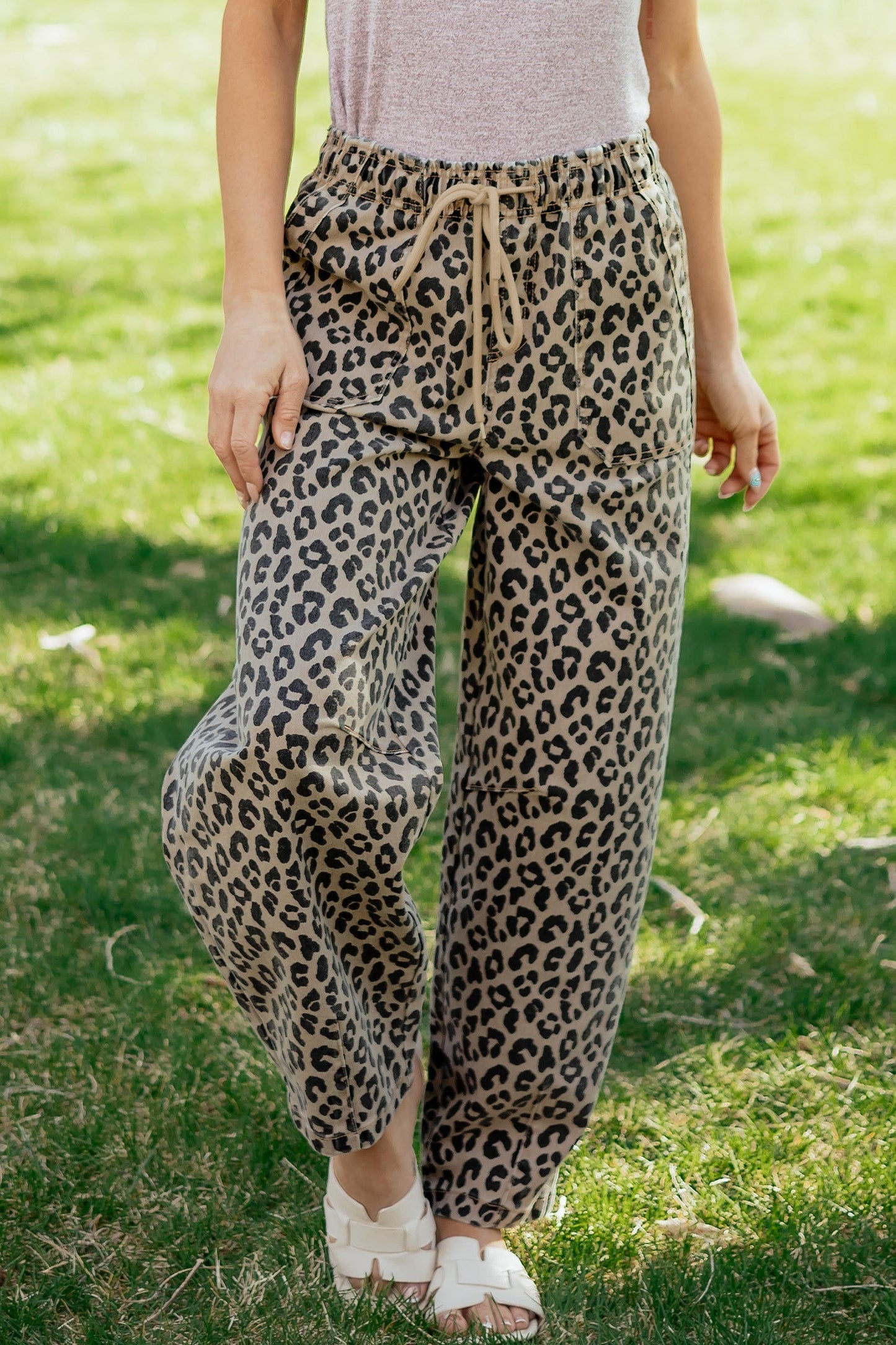 Leopard Denim Drawstring Elastic Waist Loose Pants