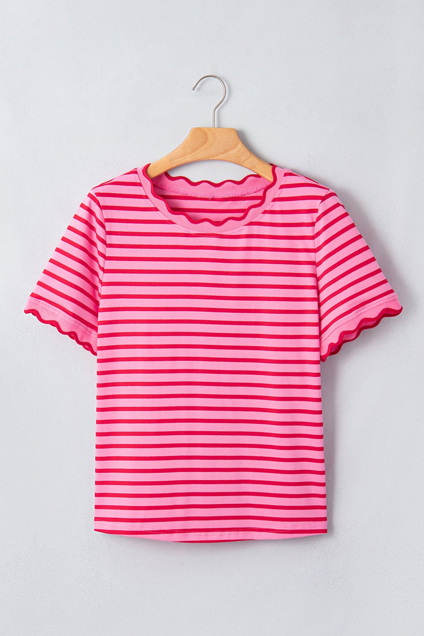 Stripe Scallop Trim Round Neck T-Shirt