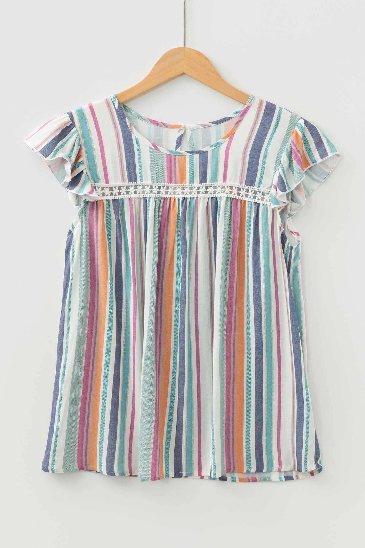 Stripe Daisy Lace Trim Flutter Sleeve Blouse