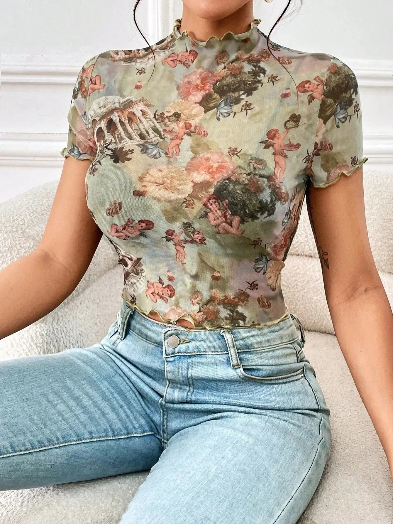 Abstract Print Ruffled Mock Neck Crop T-Shirt | Trendy Streetwear – Bona Fide Fashion
