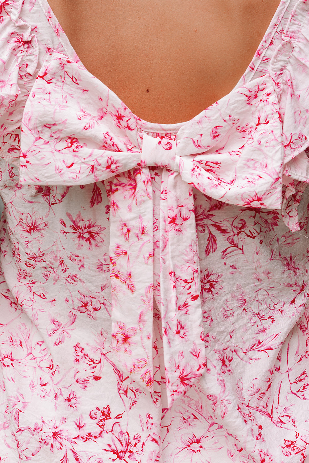 Floral Bow Back Ruffle Sleeve Blouse