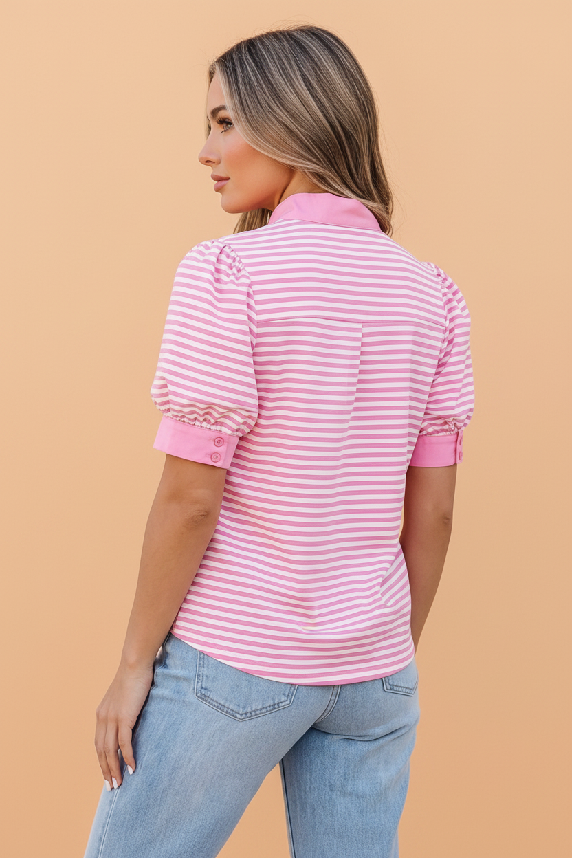 Stripe Colorblock Split Neck Short Sleeve Blouse