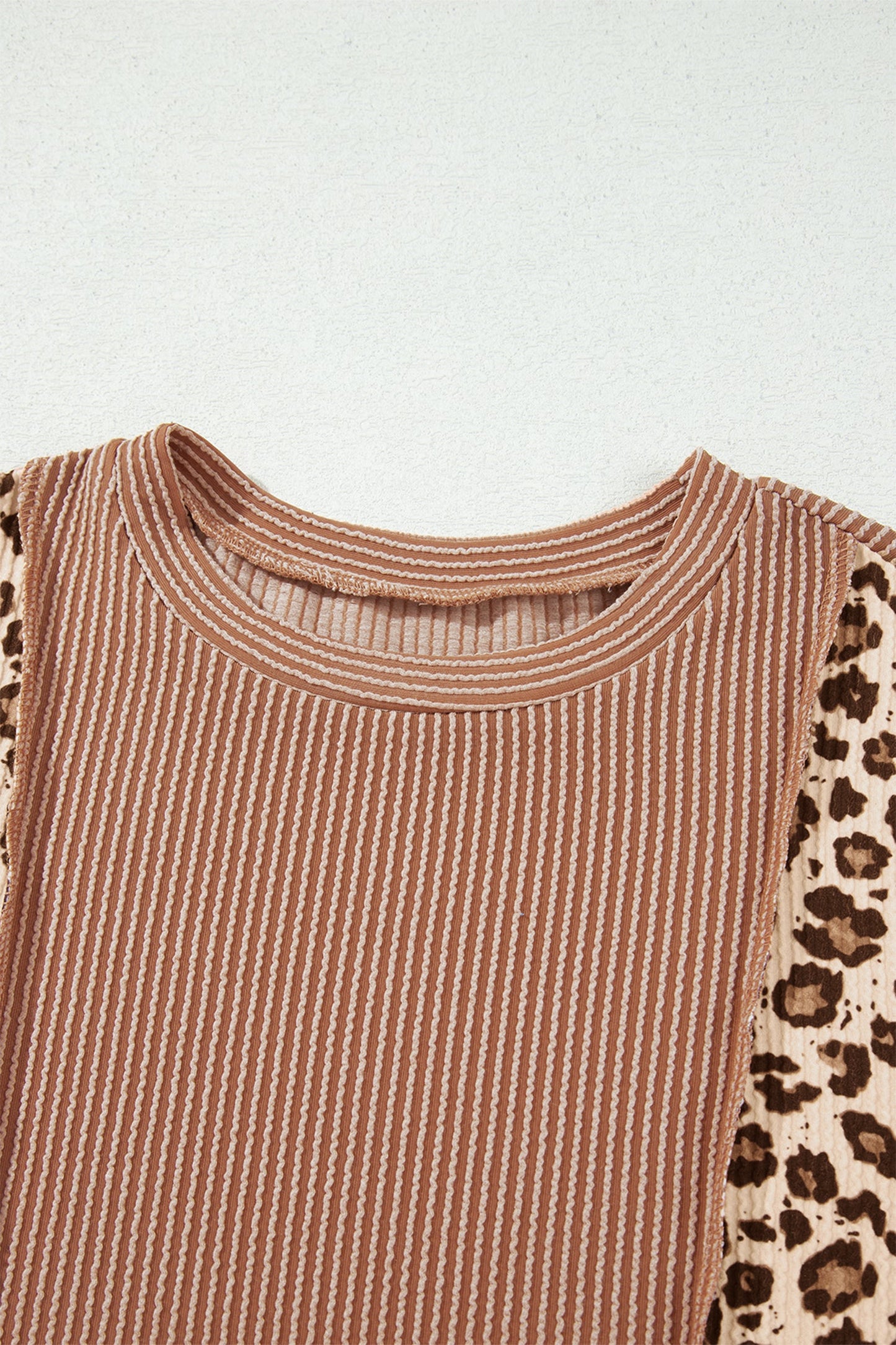 Leopard Colorblock Reverse Seam Corded Knit Long Sleeve Top