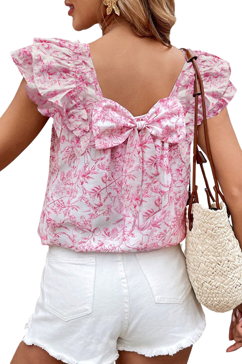 Floral Bow Back Ruffle Sleeve Blouse