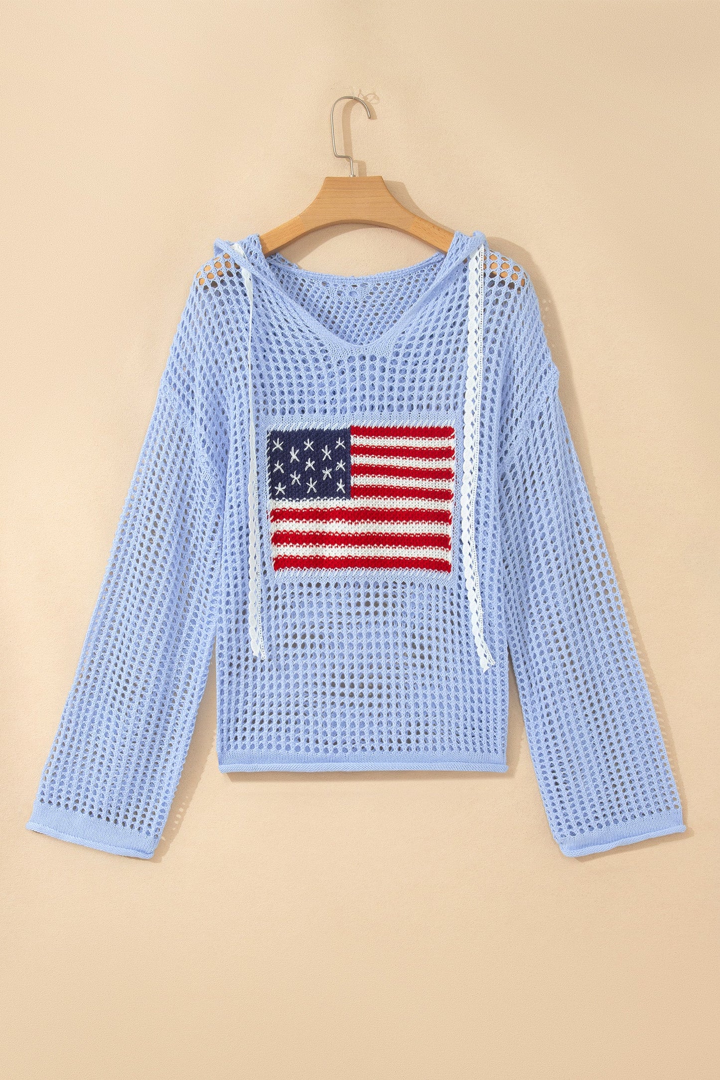American Flag Patched Crochet Knit Hoodie