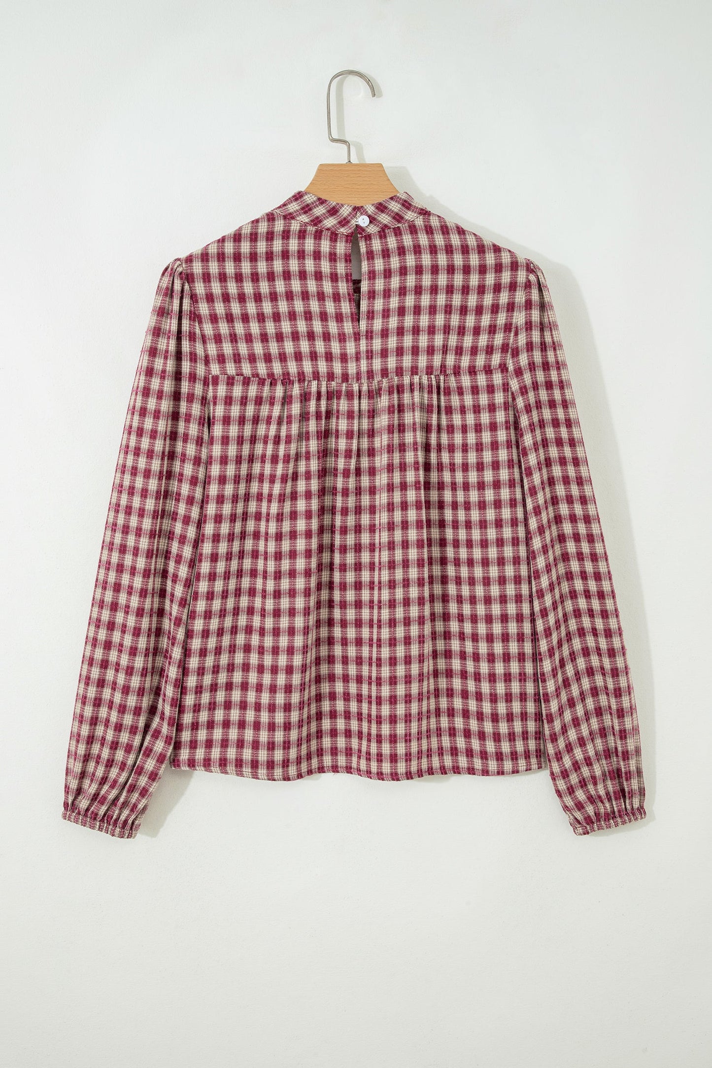 Plaid Button Keyhole Pleated Long Sleeve Blouse