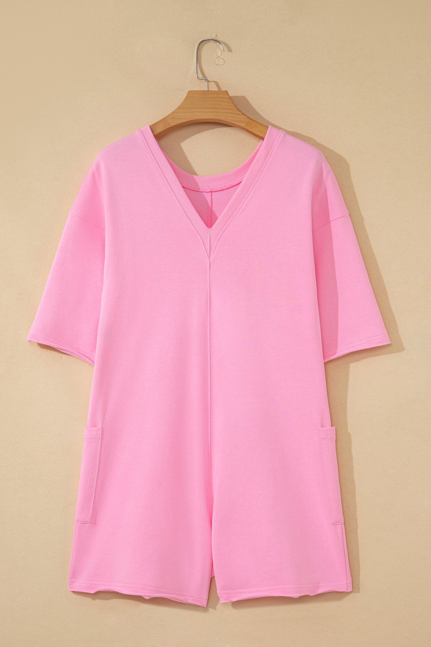 Solid Raw Edge Short Sleeve Pocketed Romper