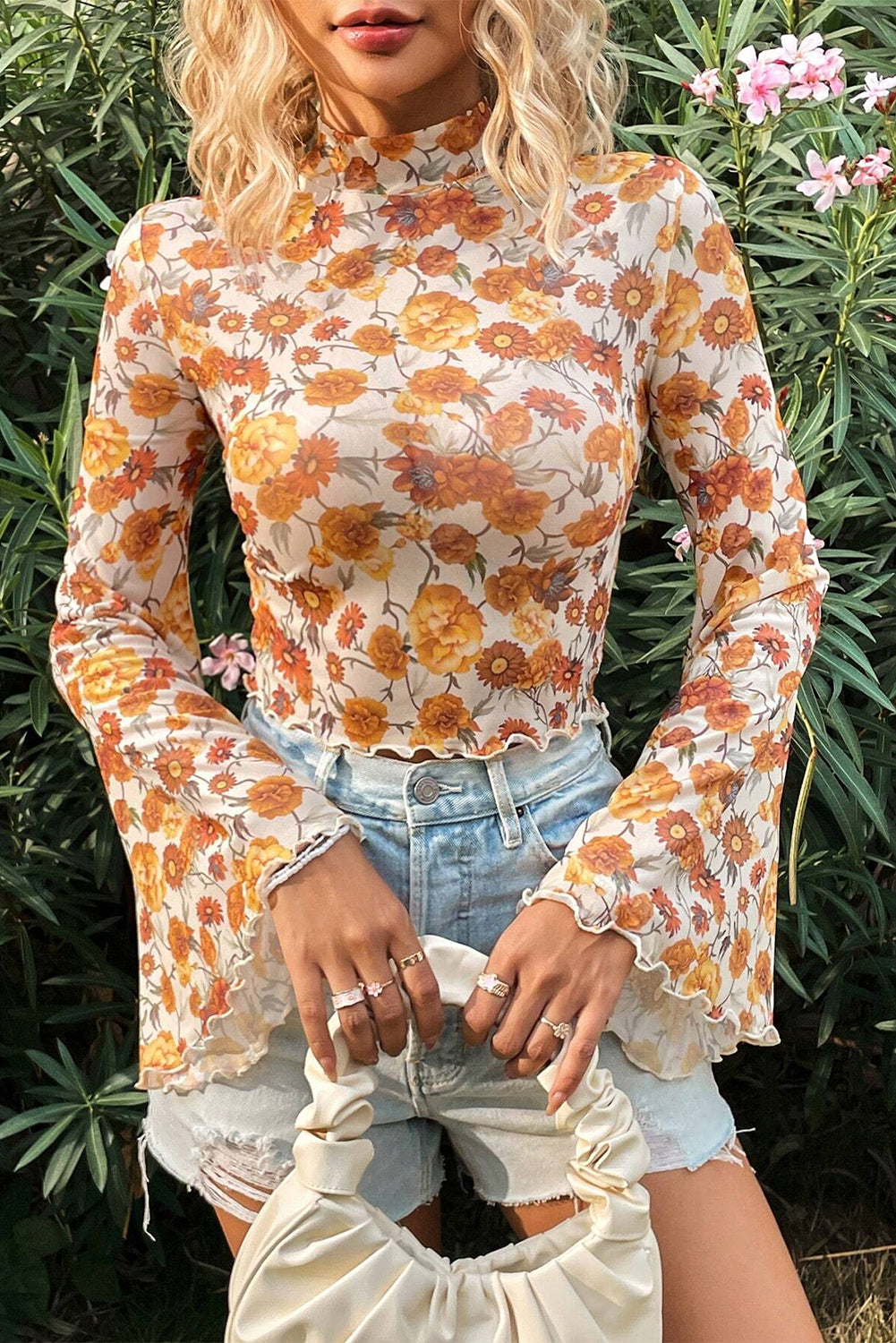 Floral Bell Sleeve Mock Neck Blouse