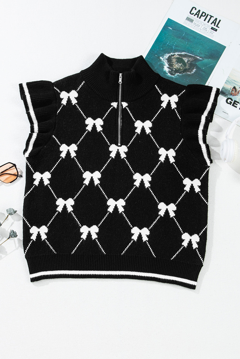 Bow Colorblock Quarter-Zip Collared Sweater