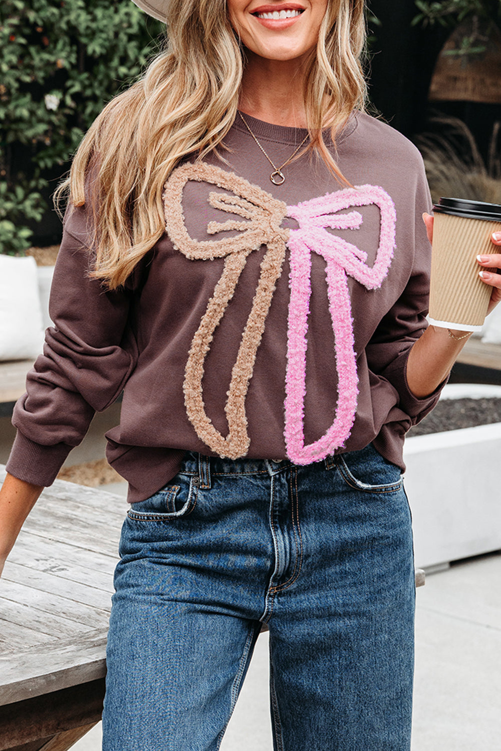 Bow Contrast Terry Drop Shoulder Sweatshirt
