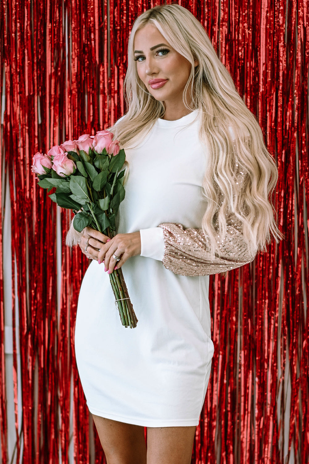 Solid Sequin Patchwork Puff Sleeve Mini Dress