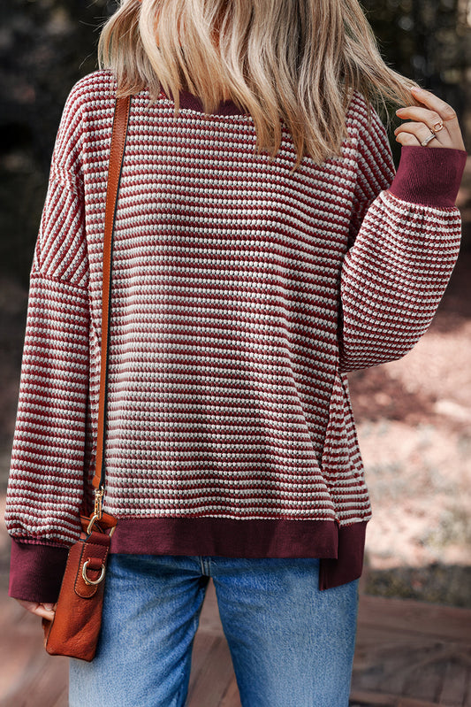 Stripe Ribbed Trim Drop Shoulder Top
