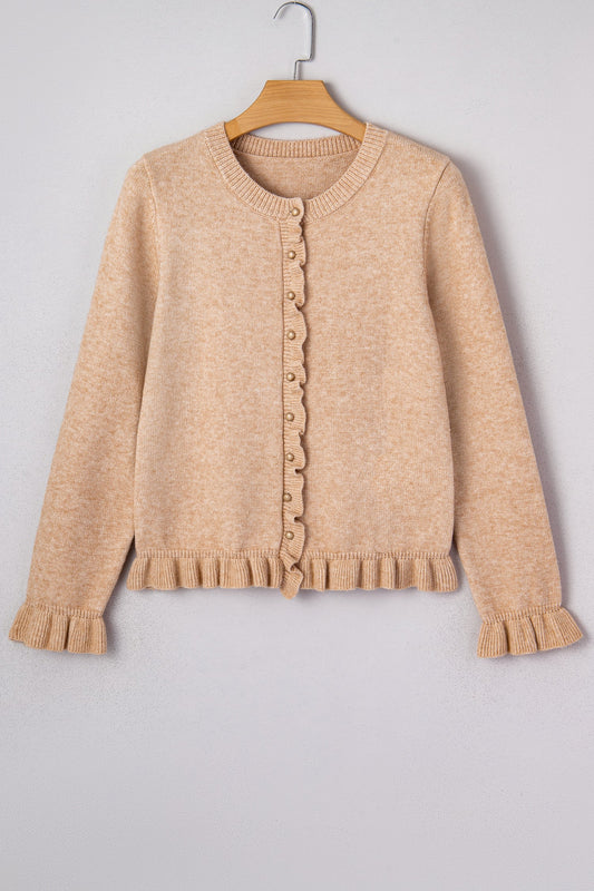 Solid Ruffle Trim Button Front Cardigan