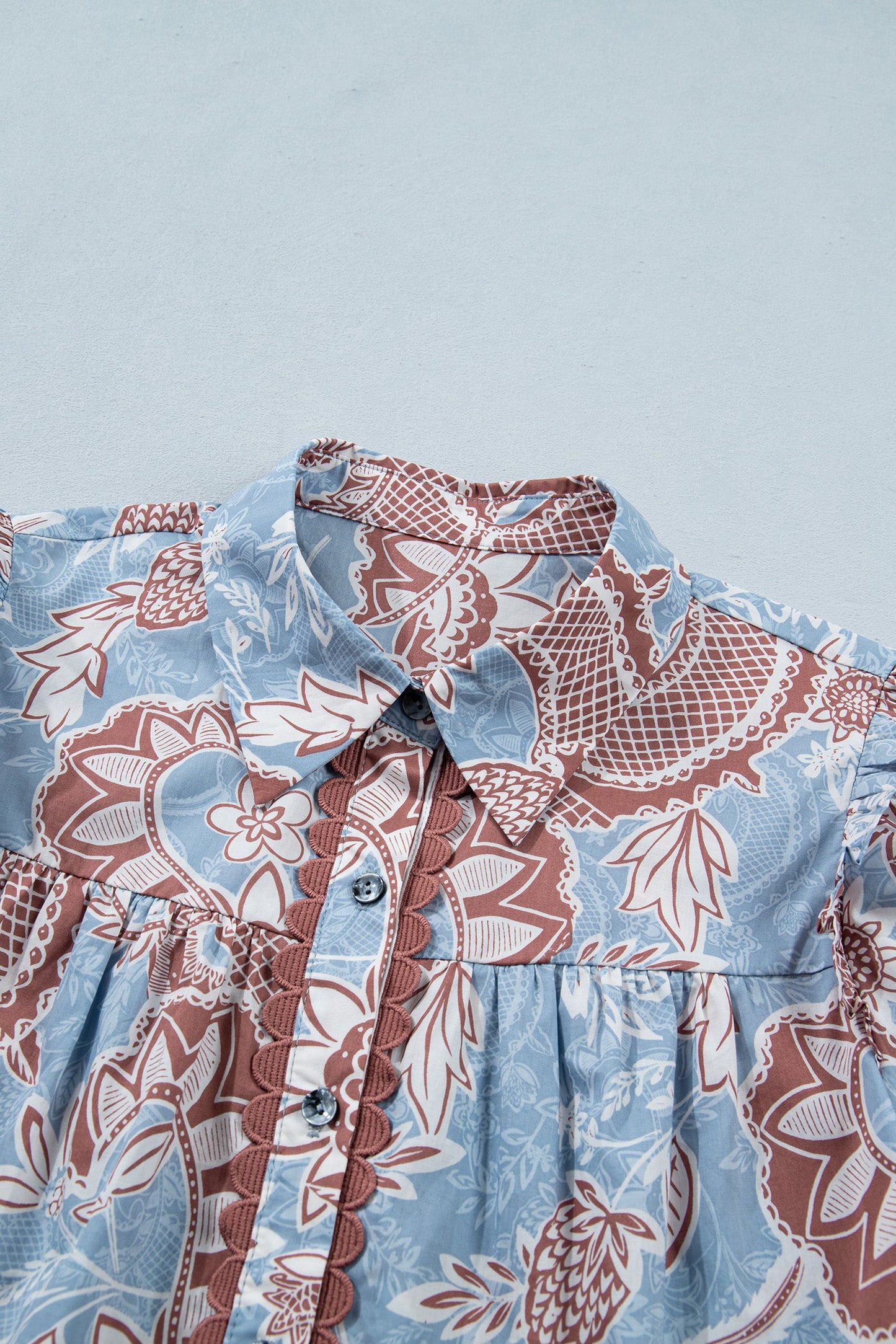 Boho Floral Scalloped Trim Button Down Shirt