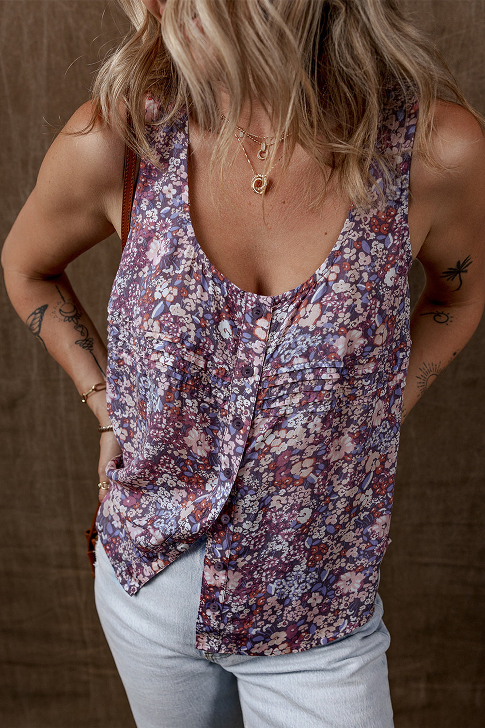 Floral Pleated Button Up Tank Top