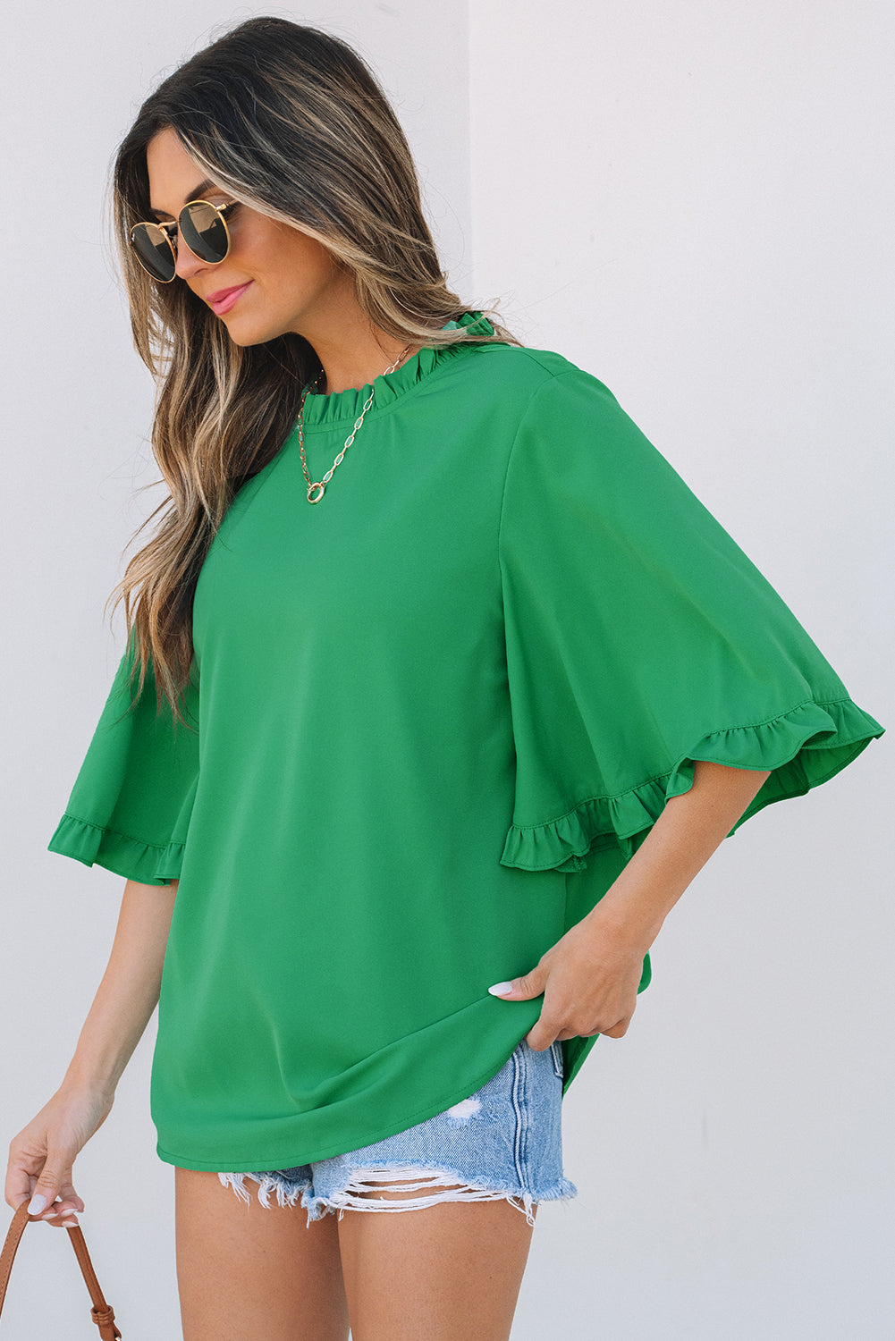 Frilled Round Neck Wide 3/4 Sleeve Blouse