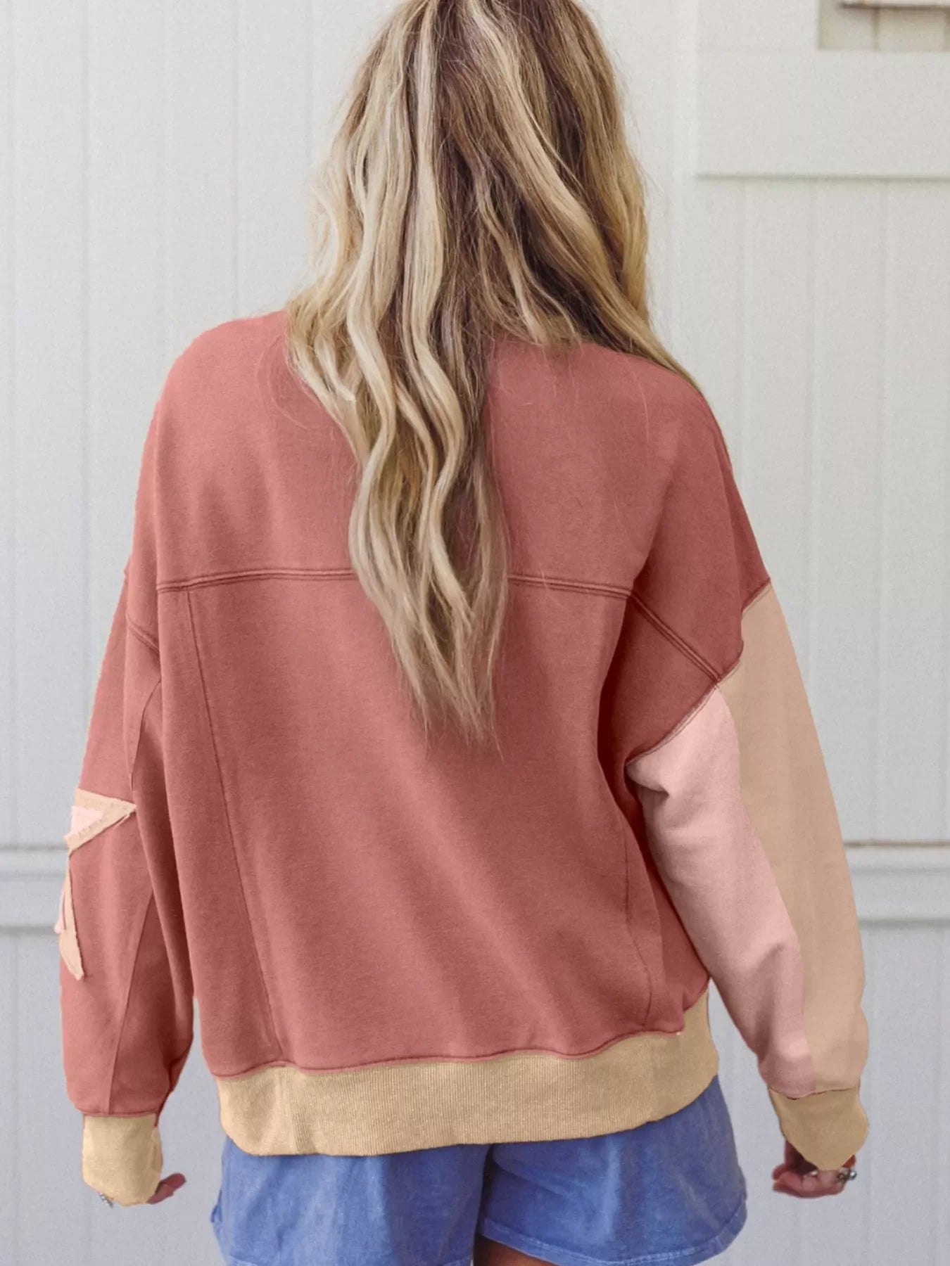 Contrast Star Patchwork Exposed Seam Uneven Hem Drop Shoulder Sweatshirt