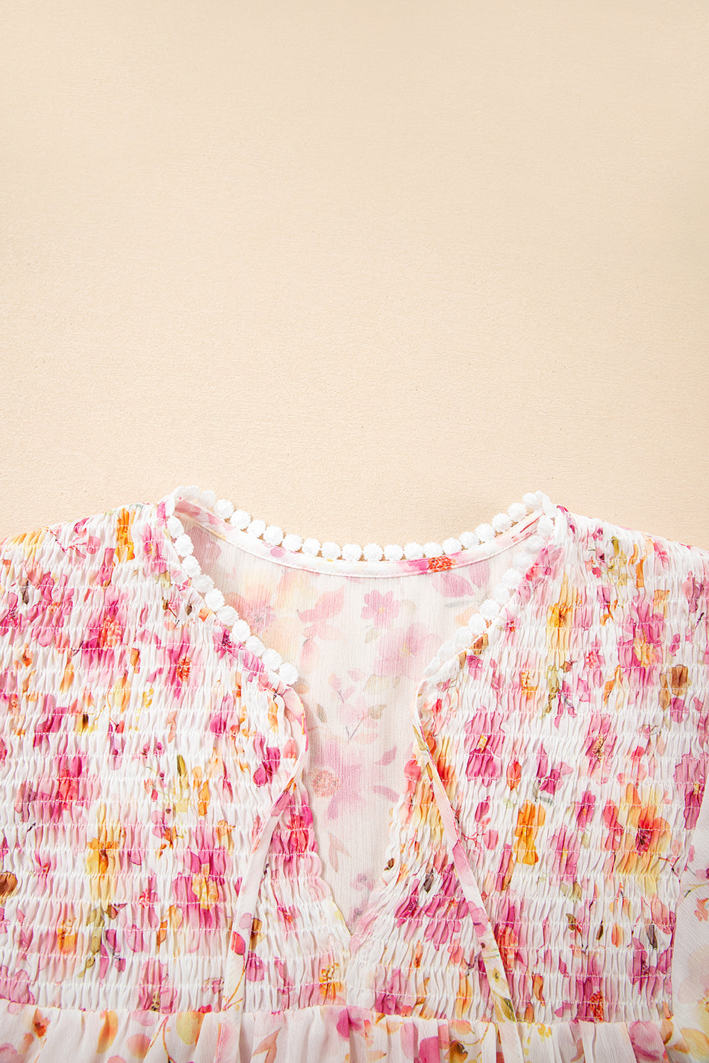 Floral Tassel Tie Smocked Blouse