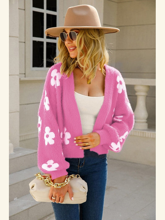 Women Floral Open Front Fuzzy Cardigan Sweater