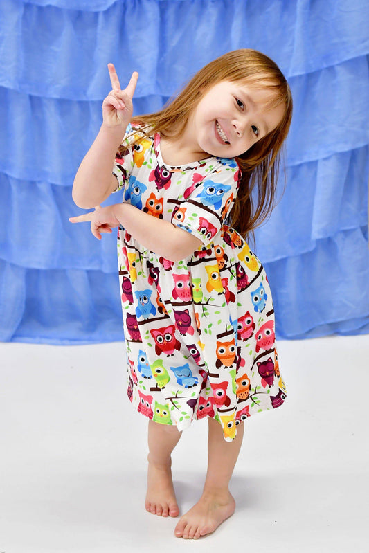 Owl Short Sleeve Milk Silk Dress
