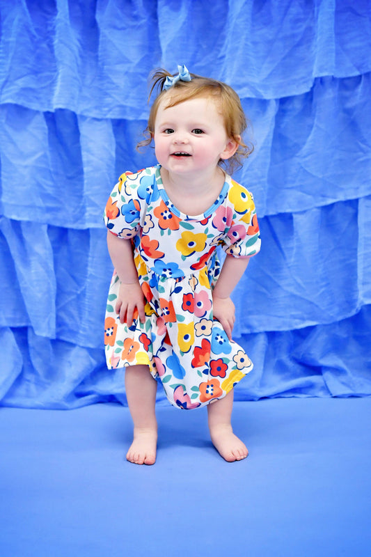 Vibrant Floral Short Sleeve Milk Silk Dress