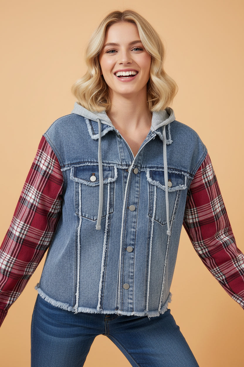 Plaid Patchwork Hooded Denim Jacket