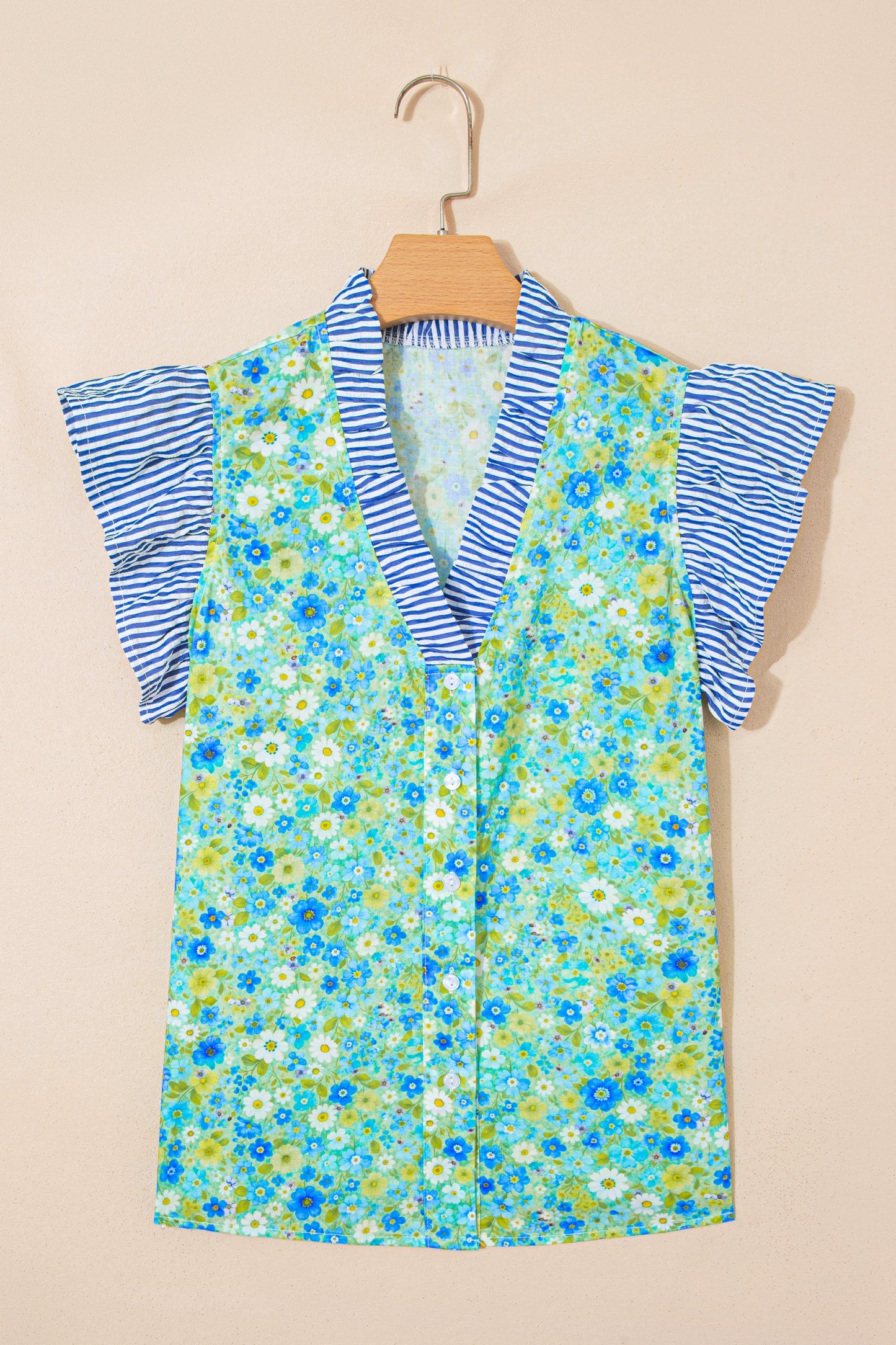 Floral Stripe Patchwork Flutter Sleeve V-Neck Blouse