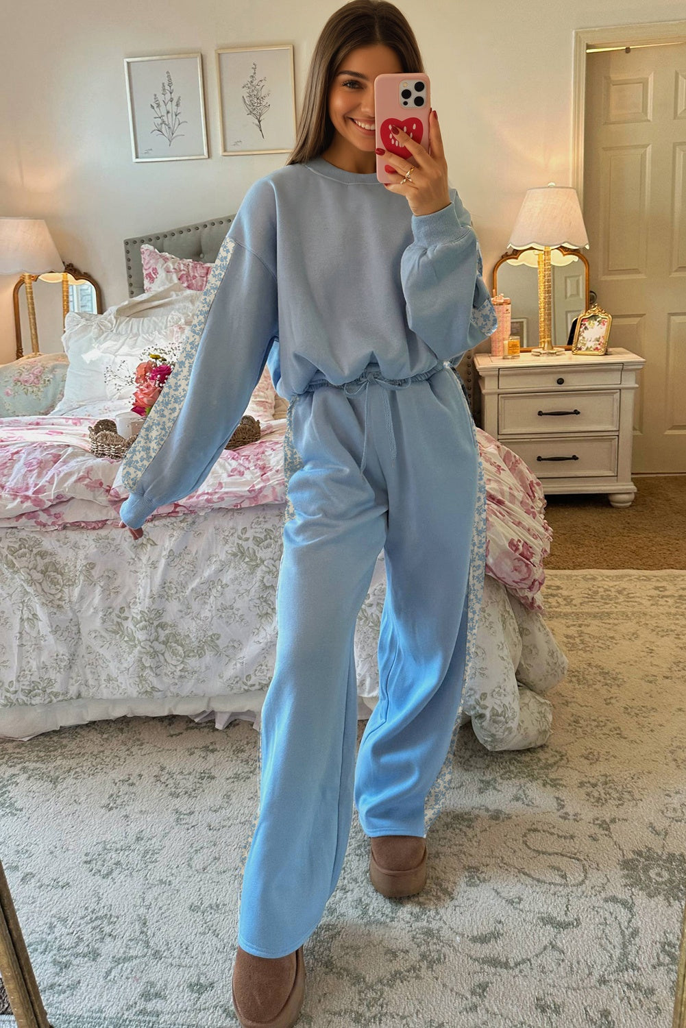 Floral Patchwork Pullover and Sweatpants Lounge Set