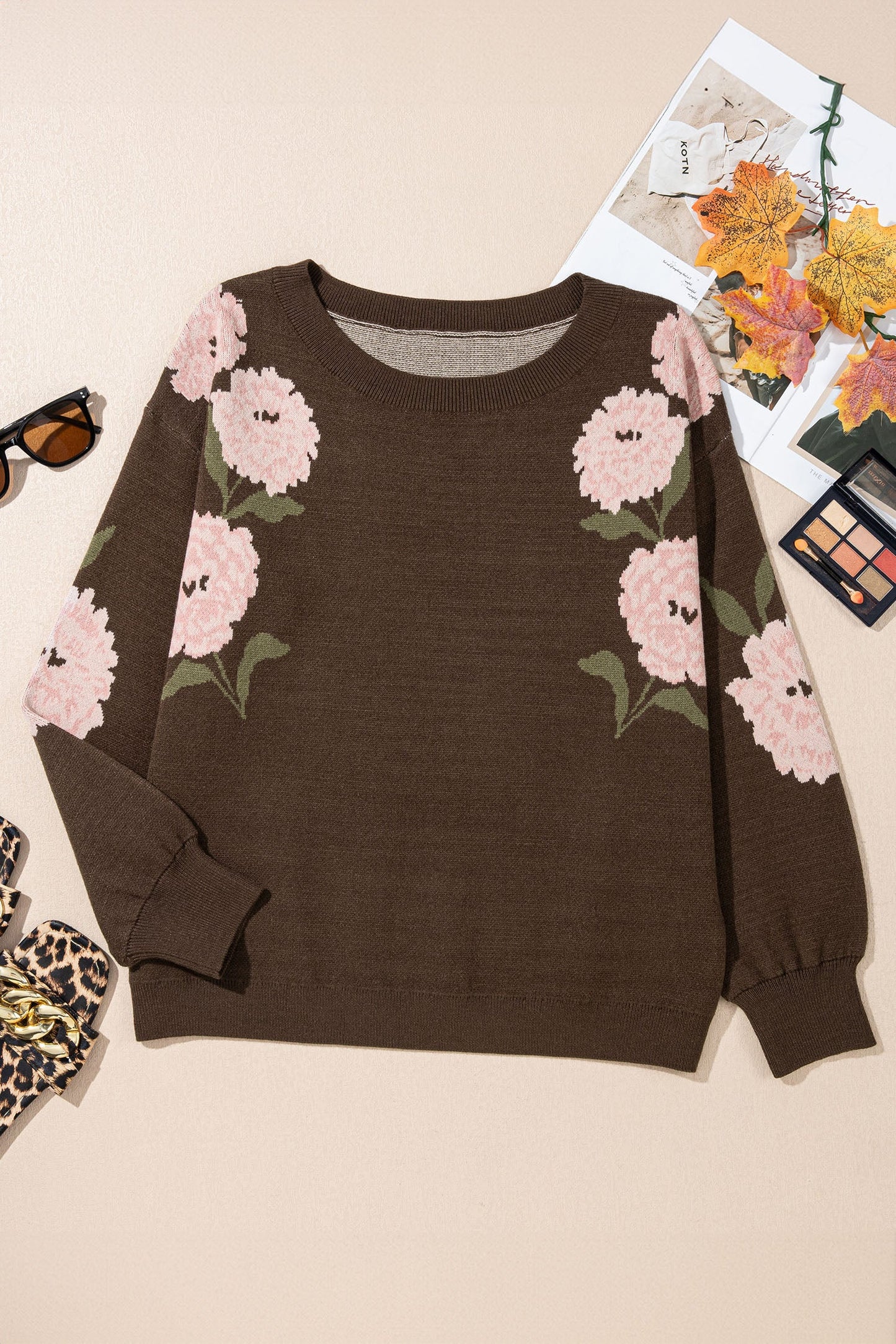 Floral Drop Shoulder Long Sleeve Pullover Sweater