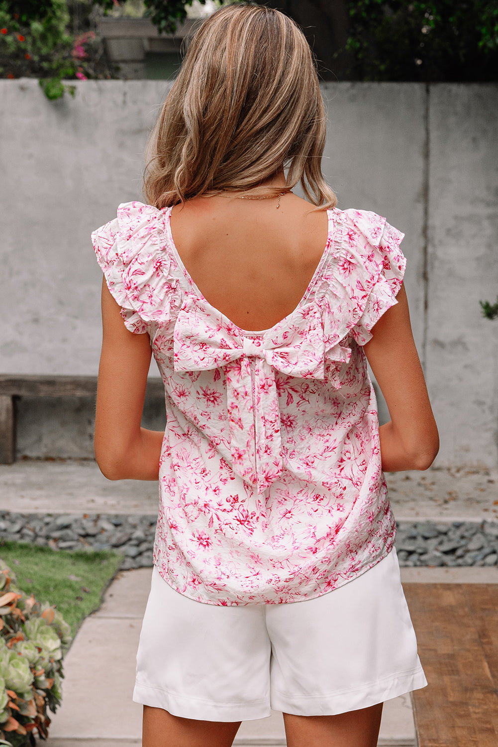 Floral Bow Back Ruffle Sleeve Blouse