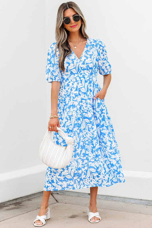 Floral V-Neck Puff Sleeve Flowy Maxi Dress