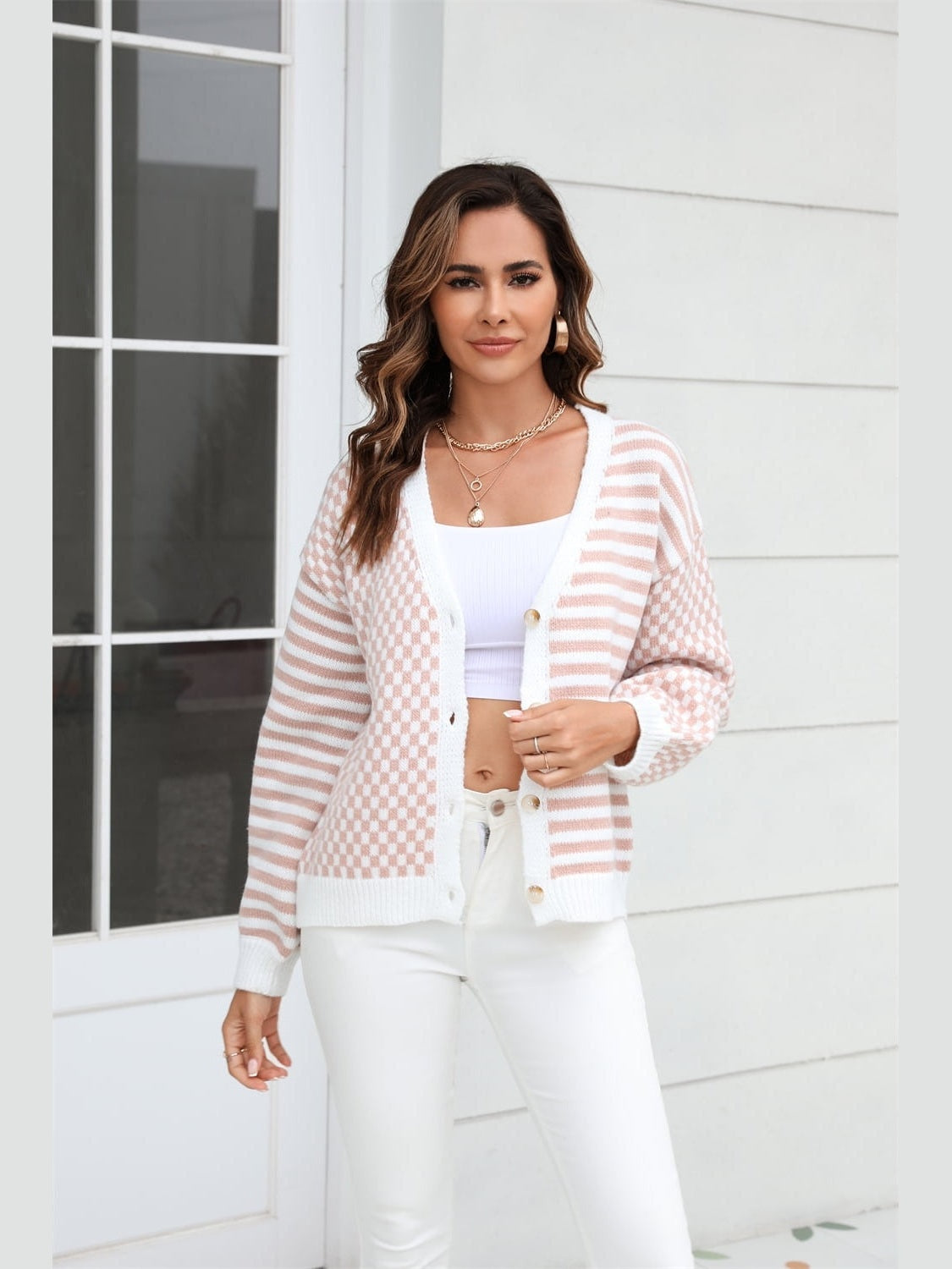 Women Button-Down Stripe & Plaid Contrast Pattern Cardigan Sweater