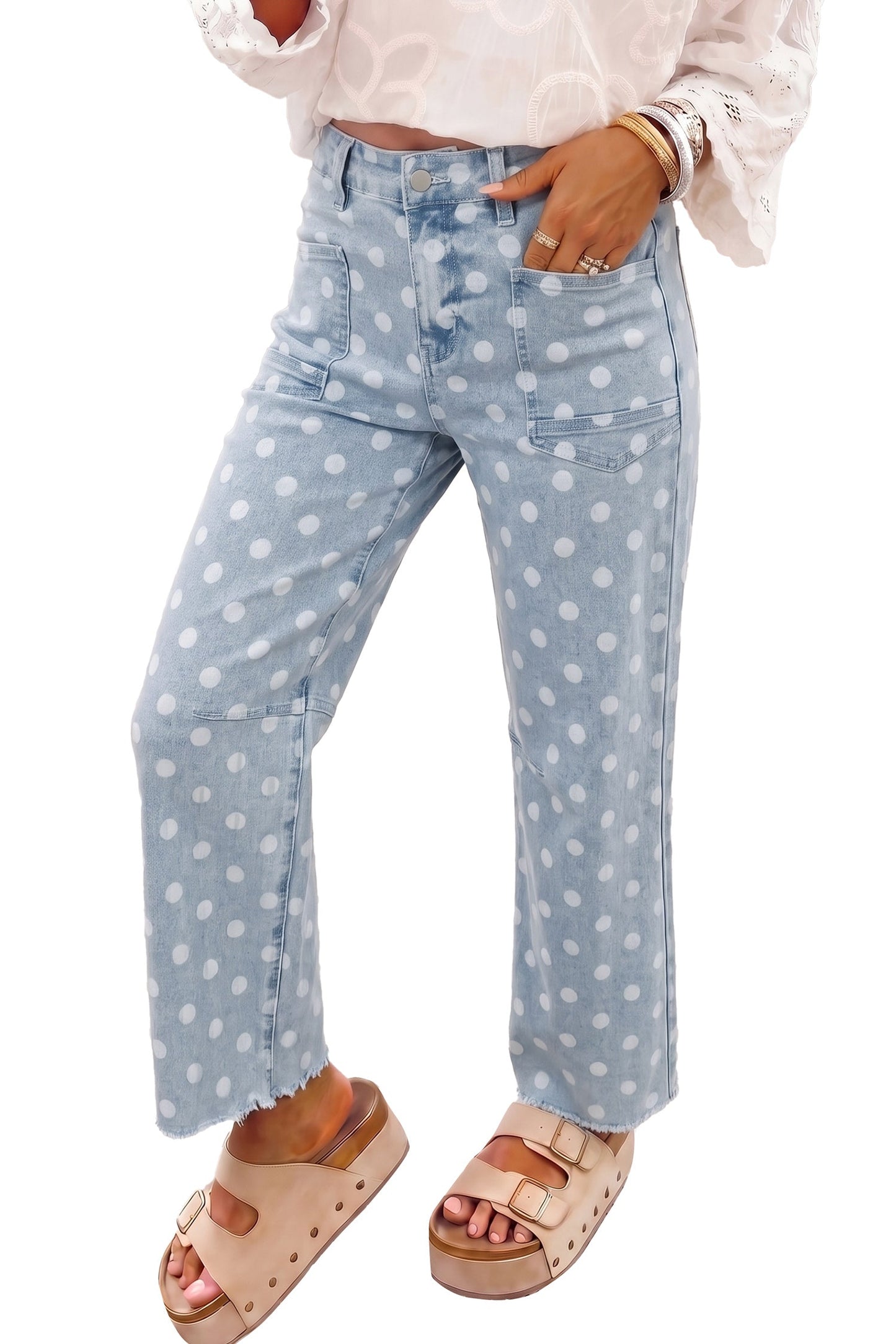 Polka Dot Denim Raw Hem Barrel Jeans