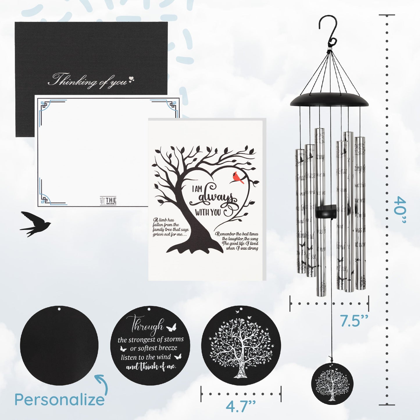 Memorial Serenity Wind Chimes, Thoughtful Gift For Special Occasions or Reflections Amazing Grace Scripture 40”