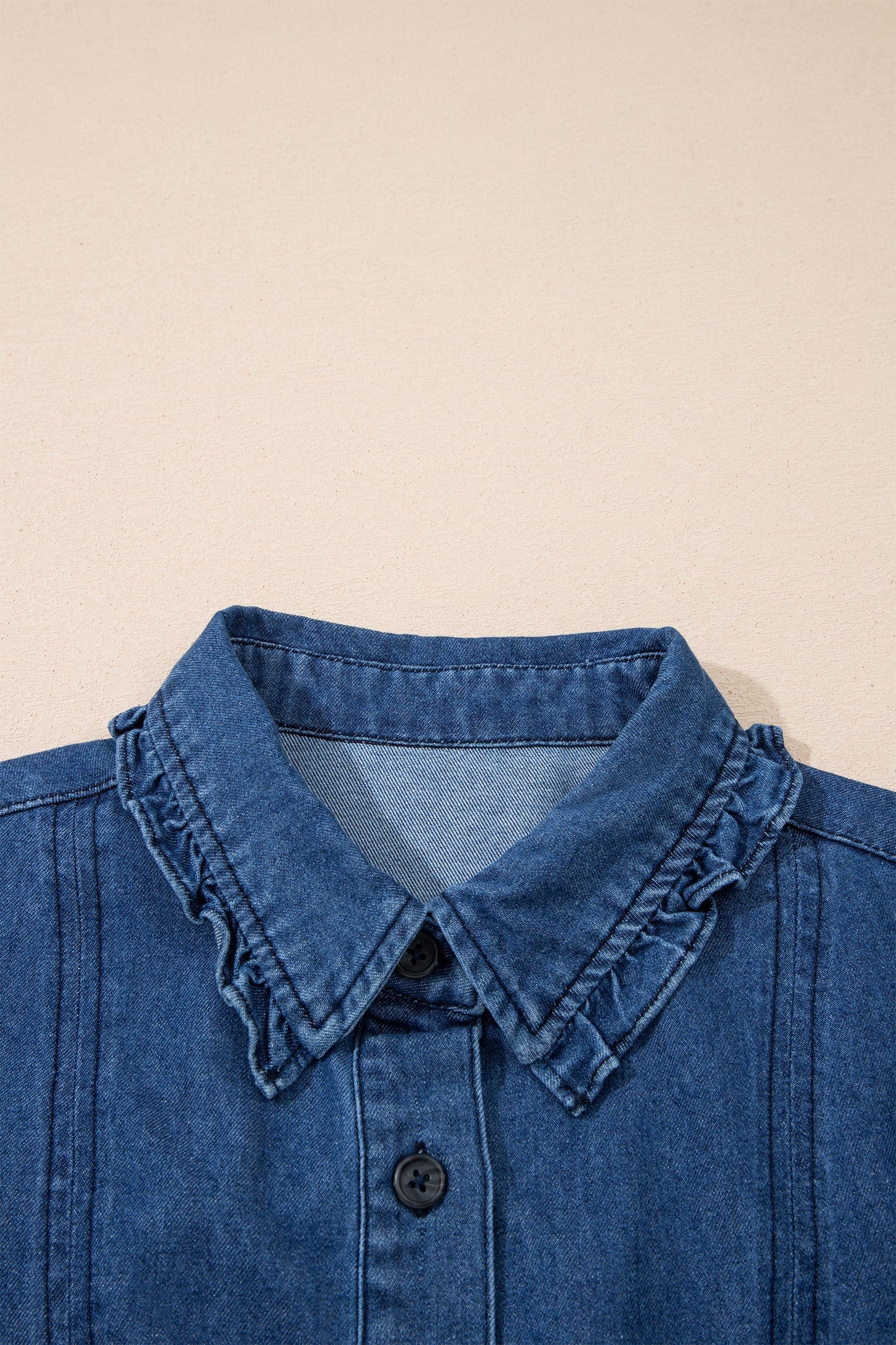 Denim Ruffle Edge Collared Button Up Dress